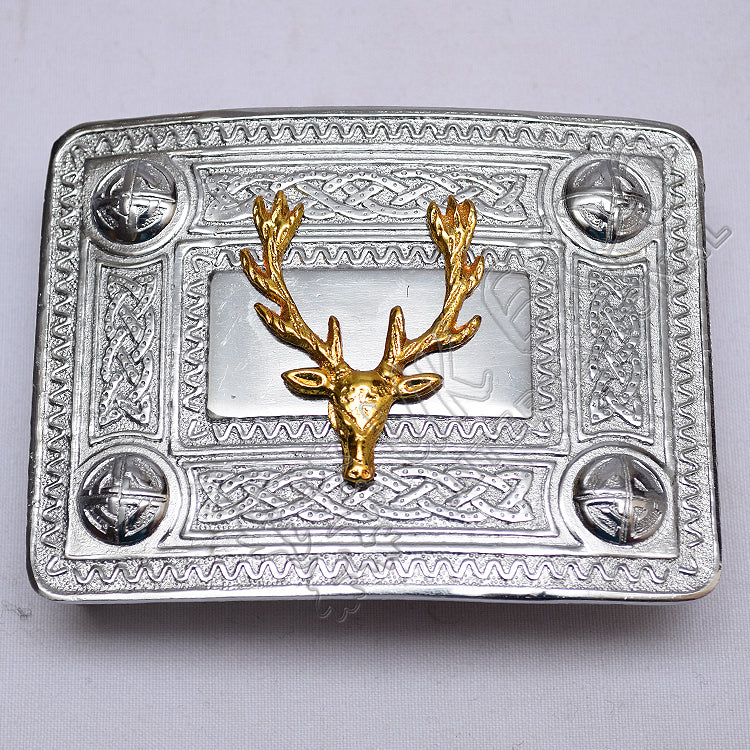 Scottish Celtic Design Chrome Buckle With Brass Stag Badge