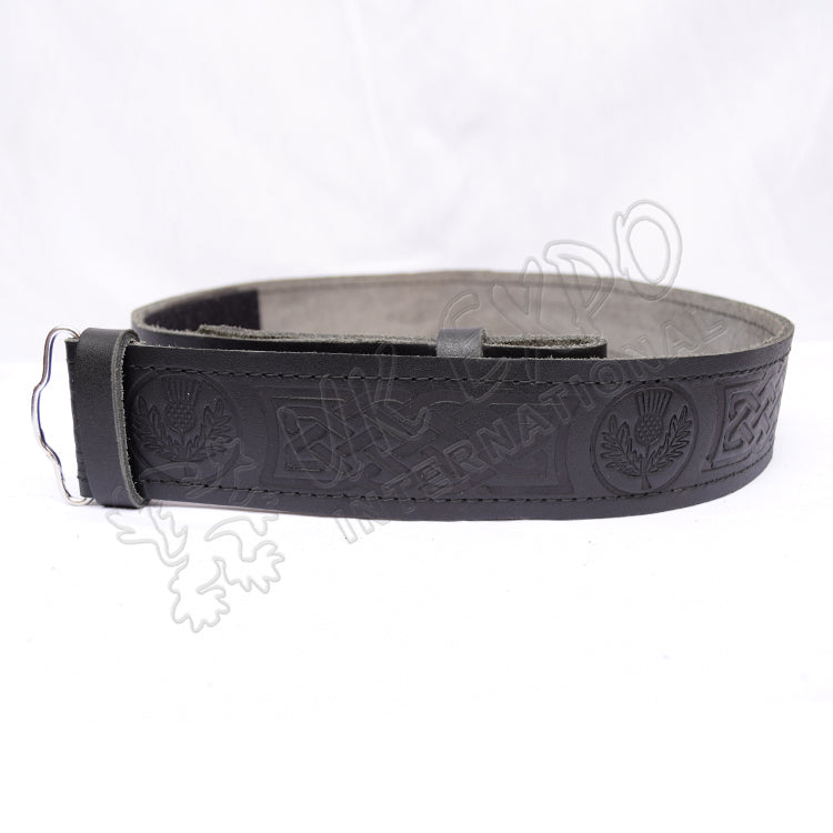 Scottish Flower And Celtic Knot Work Embossed Black Leather Kilt Belt