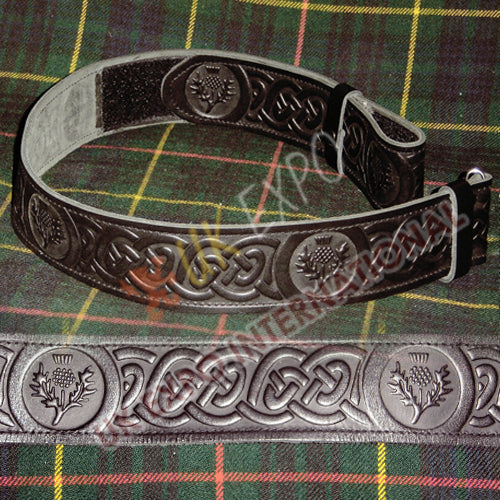 Scottish Flower Embossed on Black Kilt Leather Belt Velcro Closing