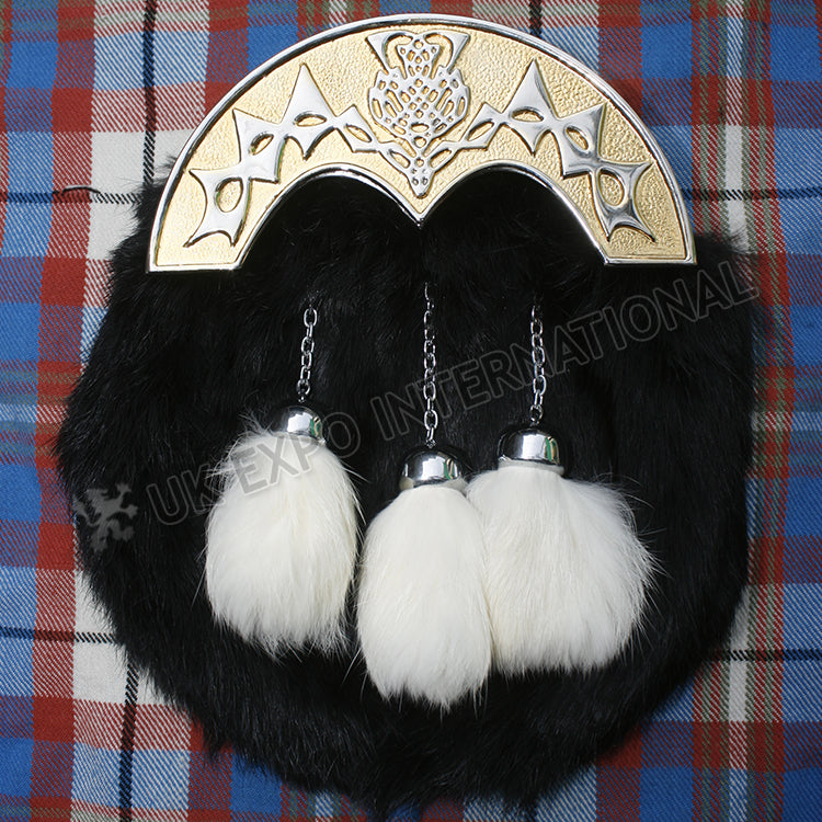 Thistle Gold 3 Tassel Black Rabbit Fur Sporran