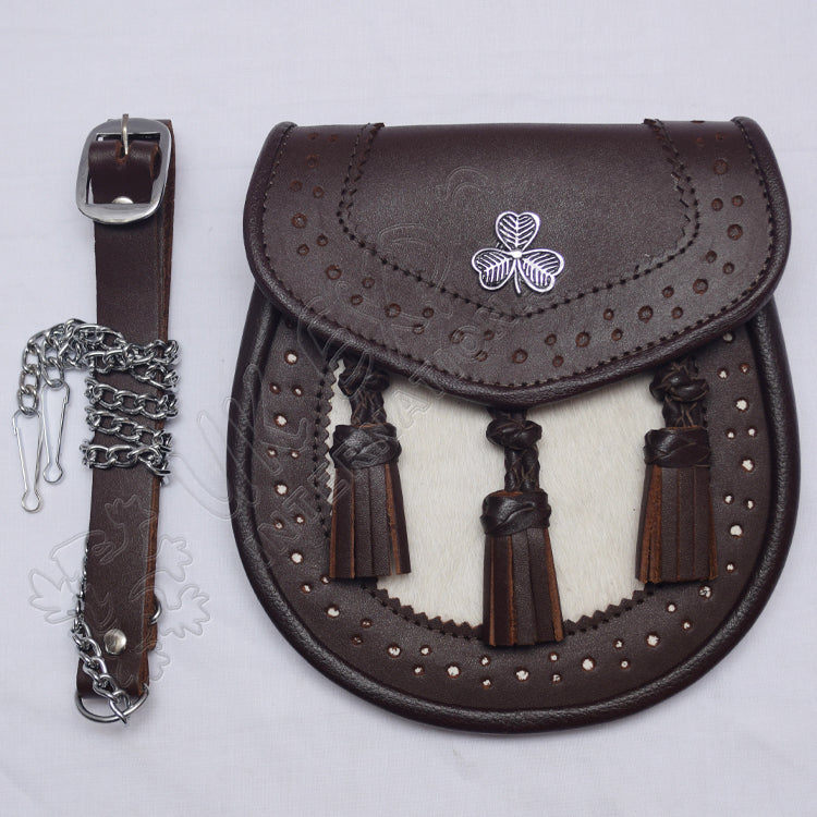 Brown Leather Shamrock White Seal Skin Sporran