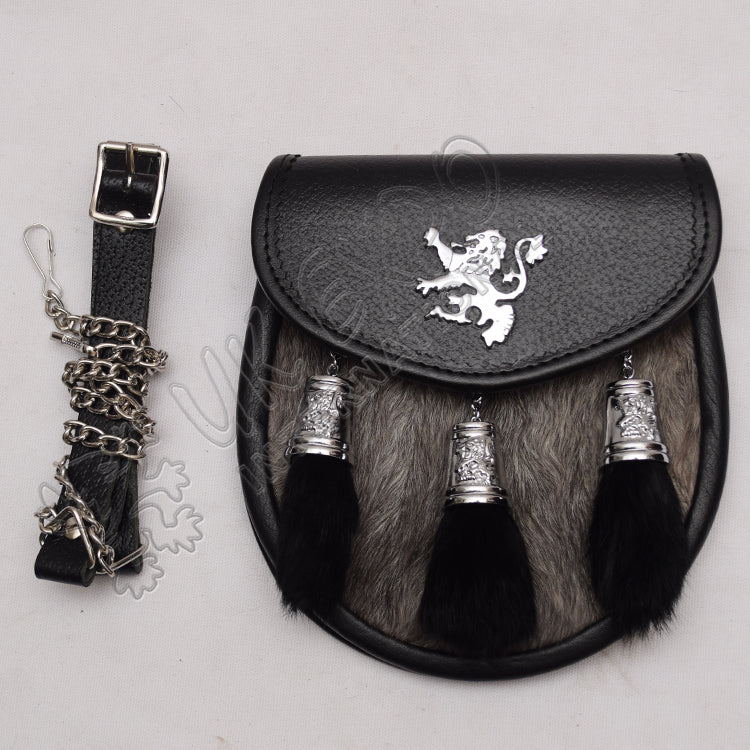 Gray Fur Black Leather Lion Chrome Sporran