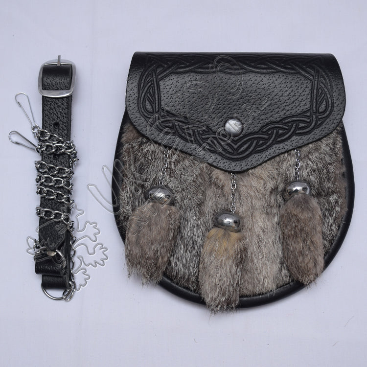 Black Leather Semi Dress Celtic Embossed Sporran