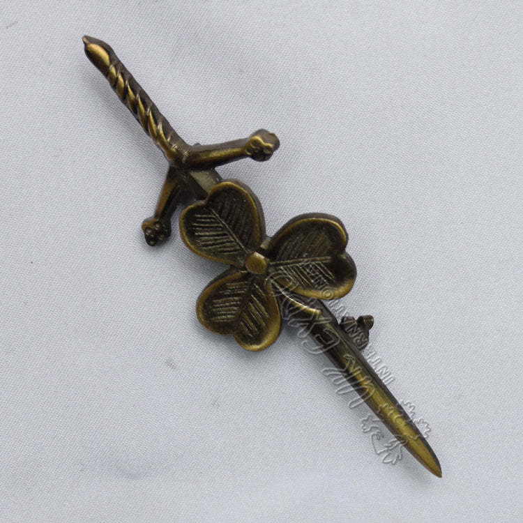Shamrock Kilt Pin Brass Antique