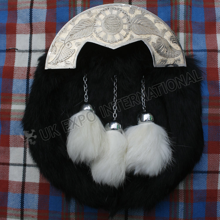 Unique Engraving Antique Flower Black Rabbit Fur Sporran