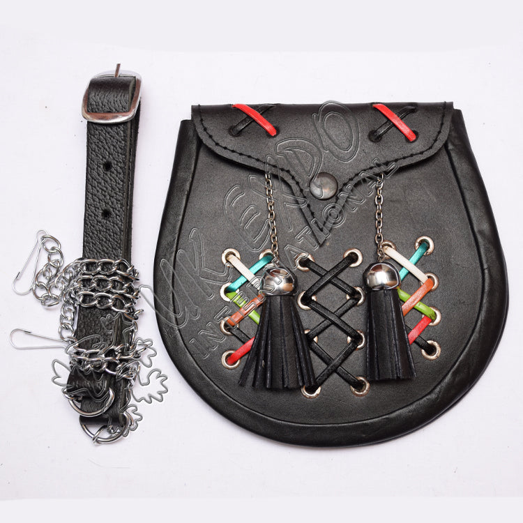 Colorful Laced Edge Embossed Black Leather Sporran