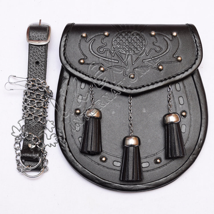 Brass Studded Black Leather Embossed Sporran