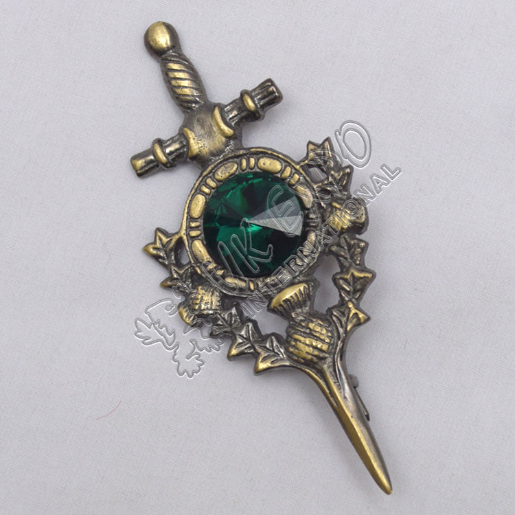 Thistle Sword With Green Stone Brass Antique Kilt Pin
