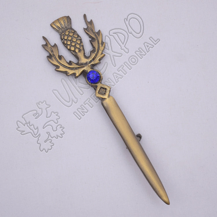 Thistle With Stone Brass Antique Kilt Pin