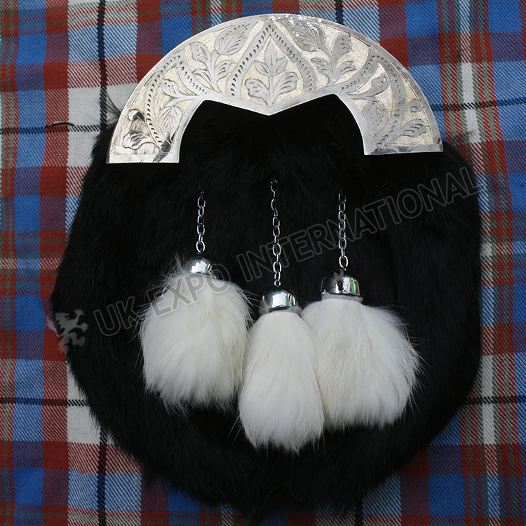 Engraved Antique Finish Black Rabbit Fur Sporran