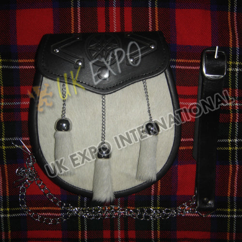 White Goat Skin Celtic Embossed Black Leather Sporran