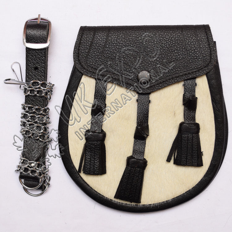 White Cow Skin Black Leather Embossed Sporran