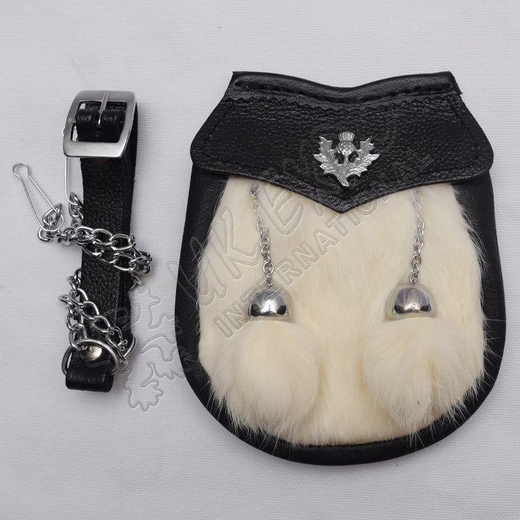 White Fur Thistle Black Leather Children Sporran