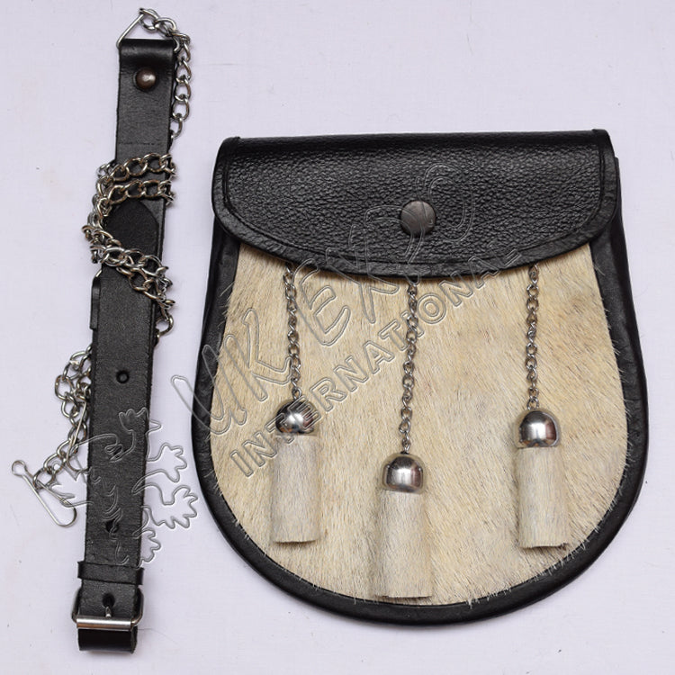 White Goat Skin Semi Dress Black Leather Sporran