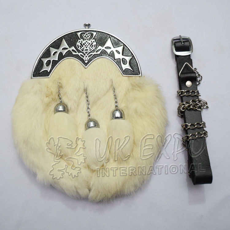 Cream Rabbit Fur Black Filled Scottish Flower Sporran