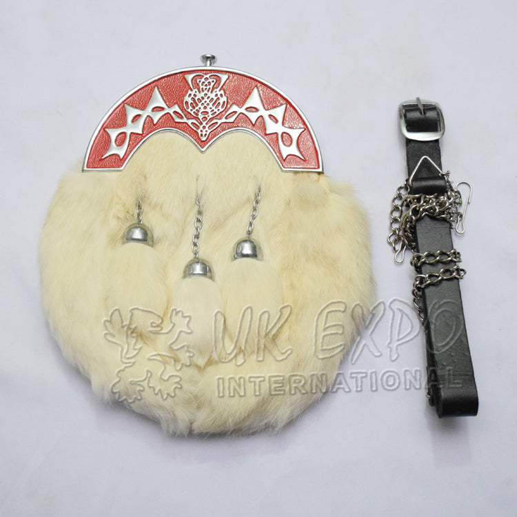 White Rabbit Fur Red Filled Scottish Flower Sporran