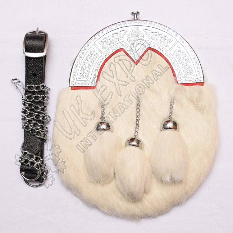 White Rabbit Fur Full Dress Thistle Knotwork Sporran