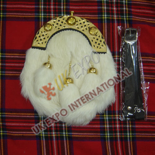 Gold Polished White Rabbit Fur Sporran