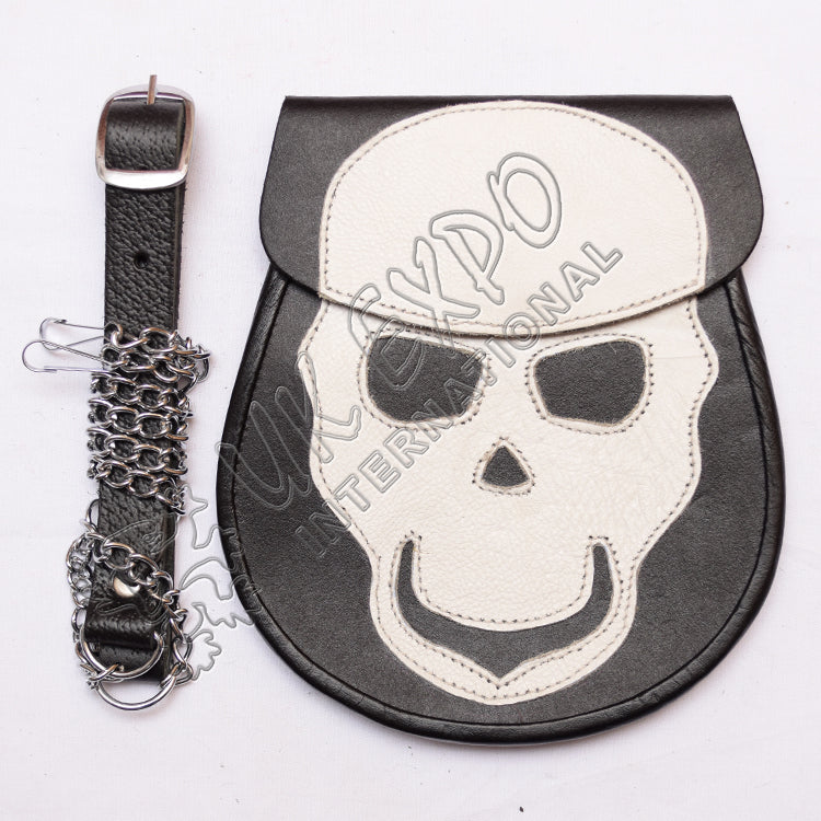 White Skull Backing Black Leather Fashion Sporran